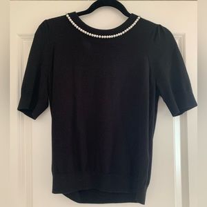 Kate Spade “live colorfully” Black Pearl-Embellished Short-Sleeve Sweater, SZ M